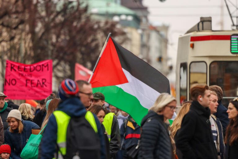 Crowd participating in a peaceful protest in Gothenburg, Sweden featuring a Palestinian flag.